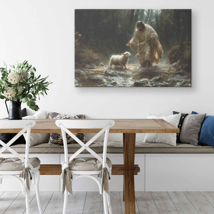 Divine Light in the Darkness Jesus Guiding the Lost Lamb Through Rain   Christian Canvas Wall Art Decor