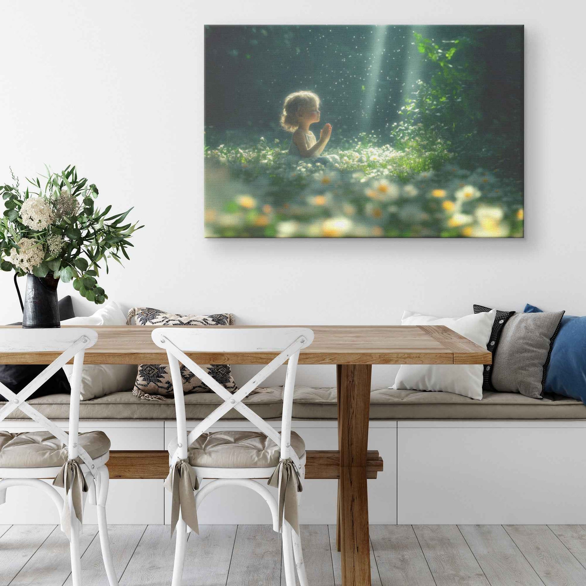 Divine Light Little Girl Praying in a Garden of White Daisies   Magical Christian Canvas Wall Art Decor