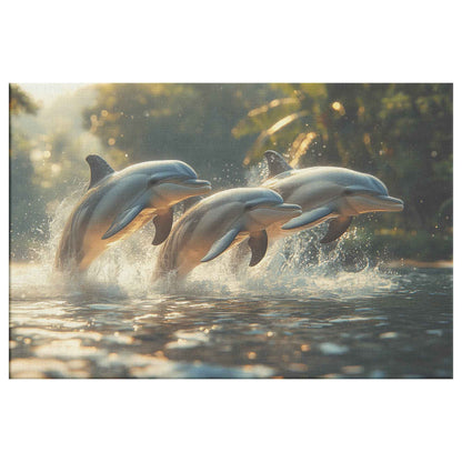 Dolphins Leaping in Crystal-Clear Waters A Playful Dance of Joy and Freedom   Christian Canvas Wall Art Decor