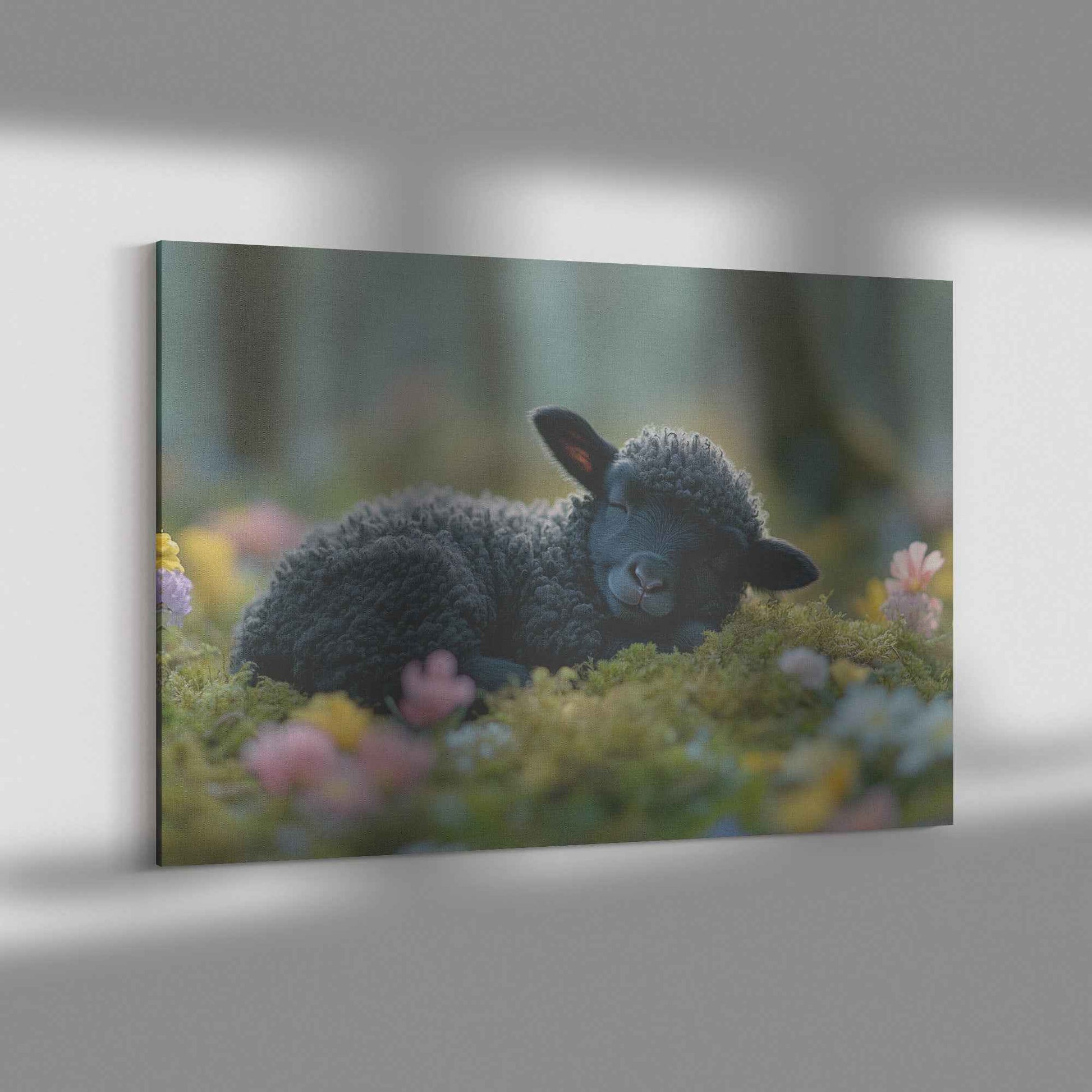 Dreaming in Bloom Black Lamb Peacefully Napping Amongst Spring Flowers   Christian Canvas Wall Art Decor