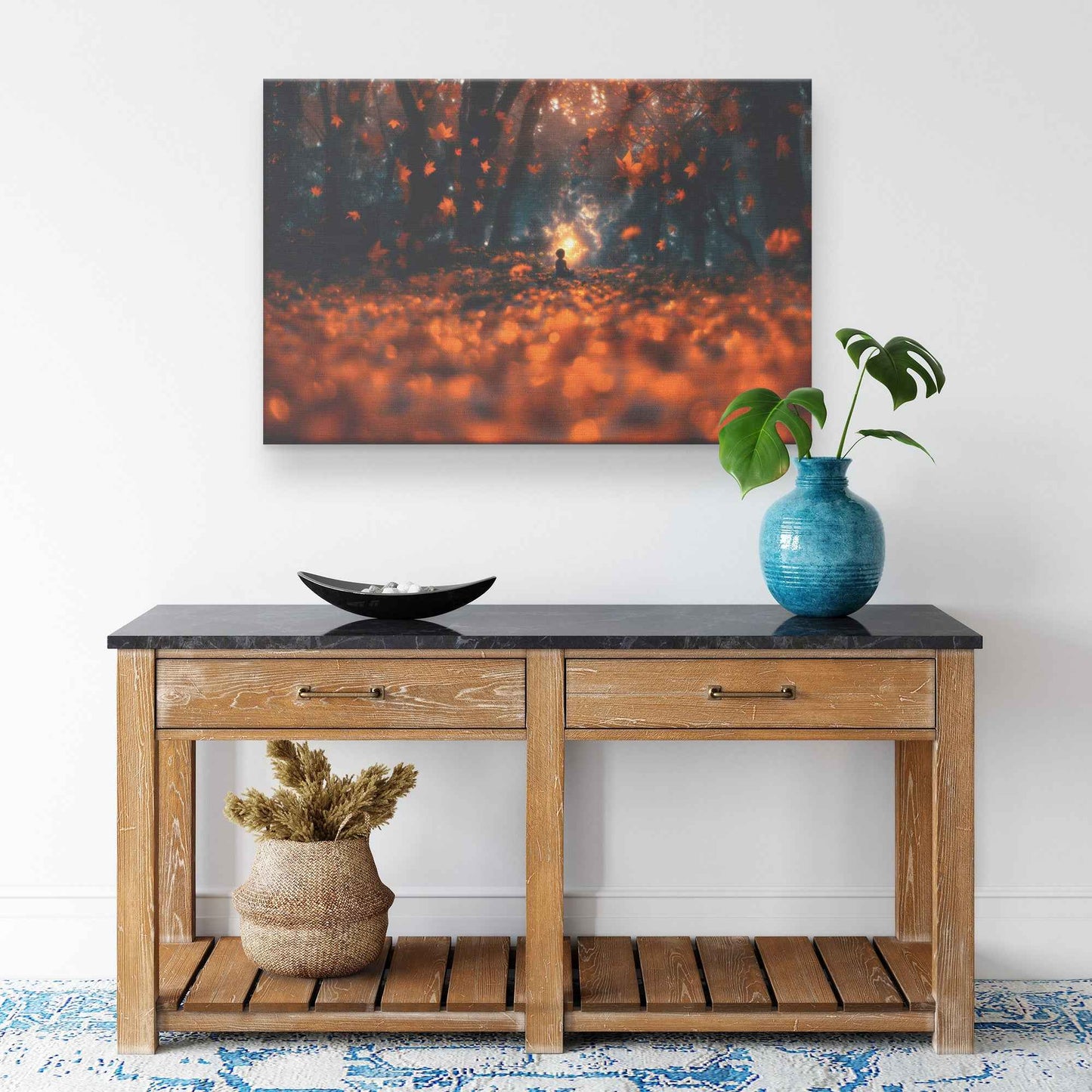Enchanted Autumn Glow A Child Amidst Floating Leaves and Magical Light   Vibrant Christian Canvas Wall Art Decor