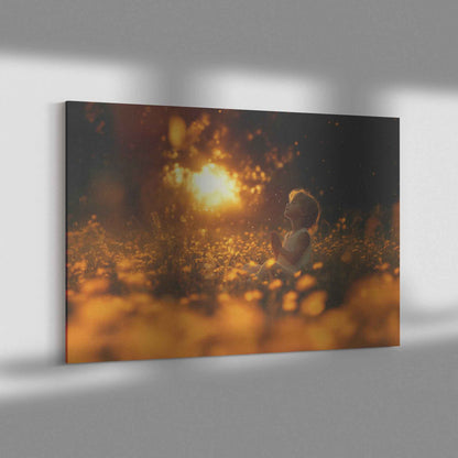 Enchanting Sunset Prayer Child Surrounded Yellow Wildflowers and Fireflies   Dreamy Christian Canvas Wall Art Decor