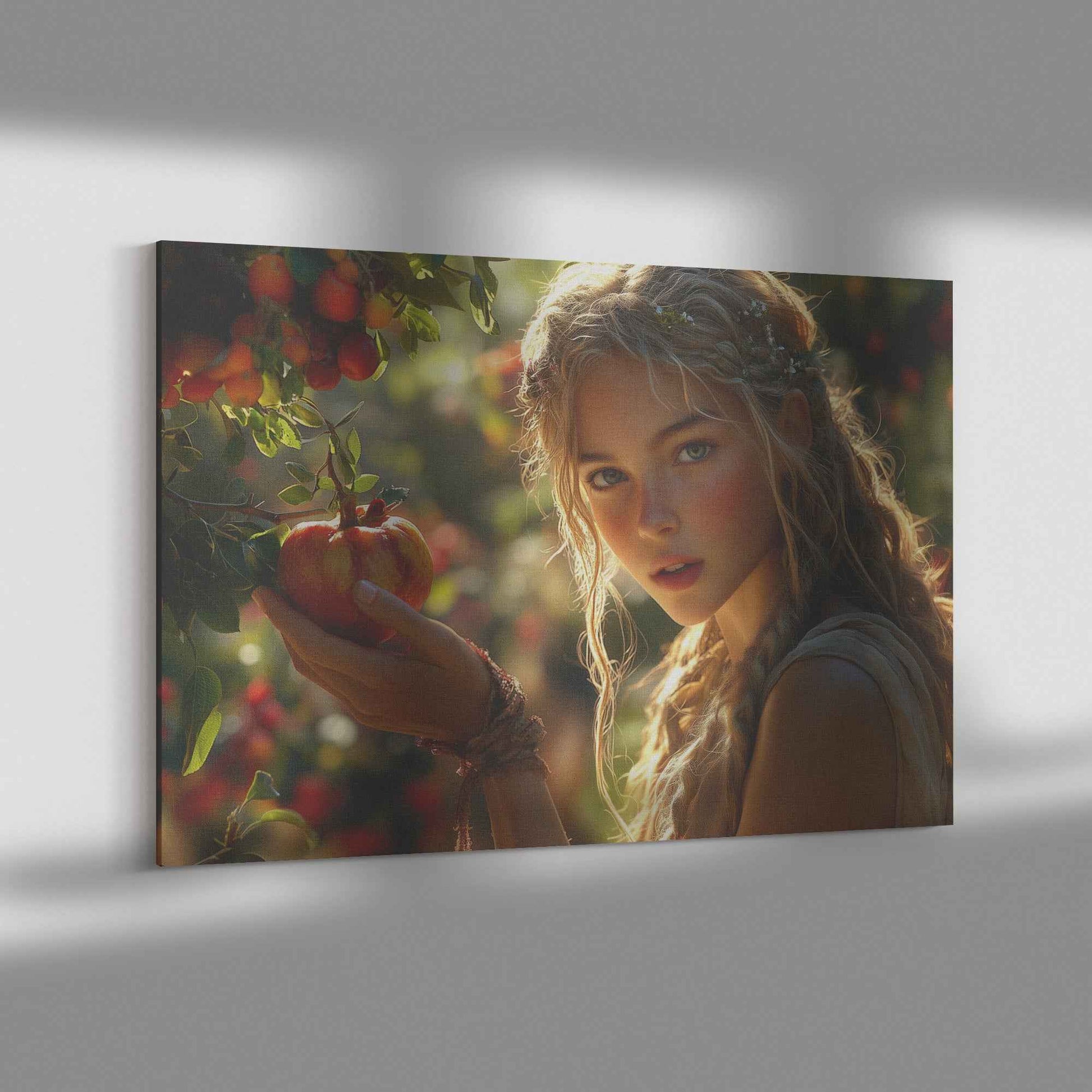 Eve's Enchantment Radiant Young Woman in Greek Toga Picking Apples   Timeless Christian Canvas Wall Art Decor