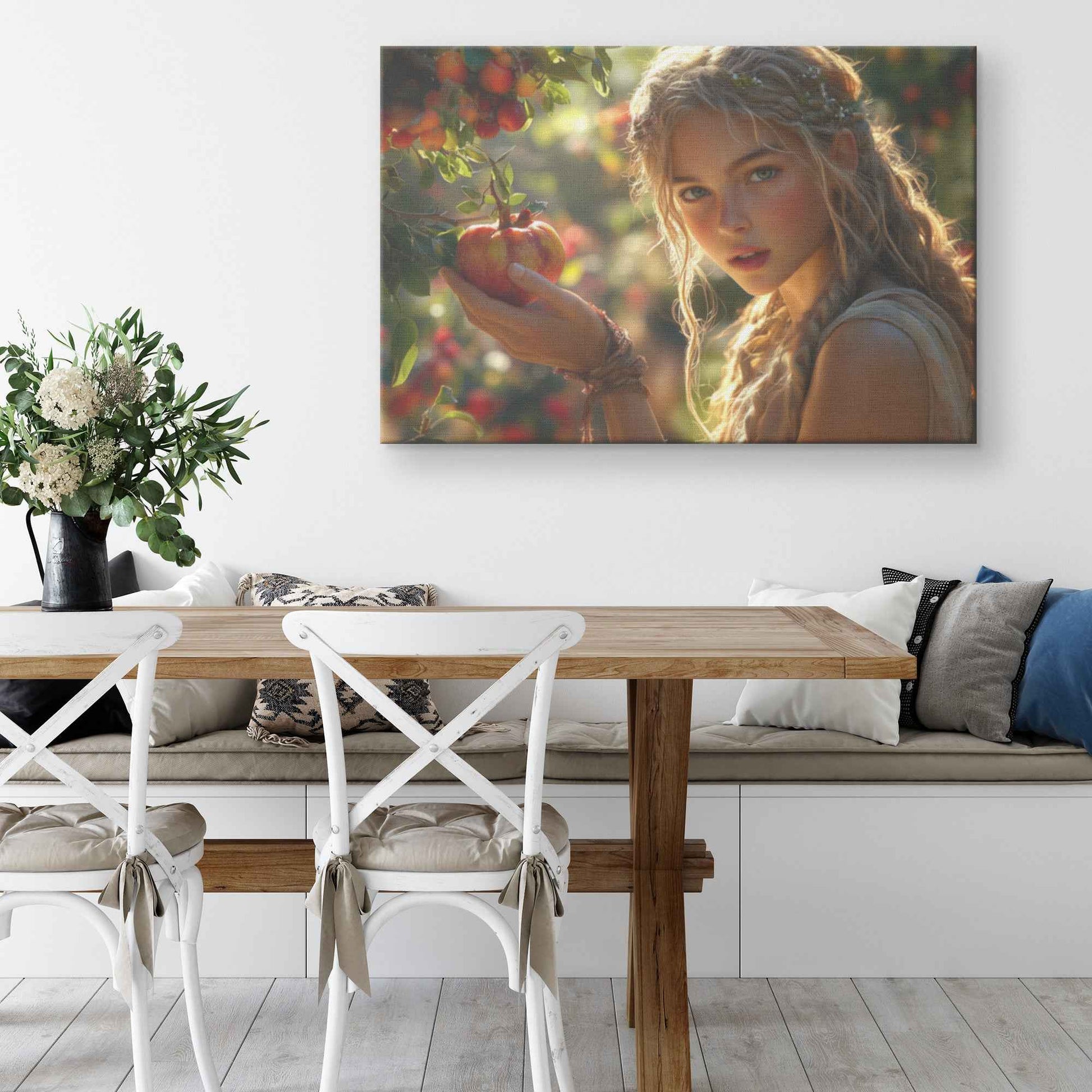 Eve's Enchantment Radiant Young Woman in Greek Toga Picking Apples   Timeless Christian Canvas Wall Art Decor