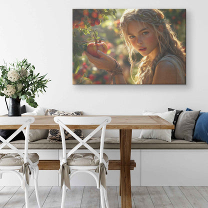 Eve's Enchantment Radiant Young Woman in Greek Toga Picking Apples   Timeless Christian Canvas Wall Art Decor