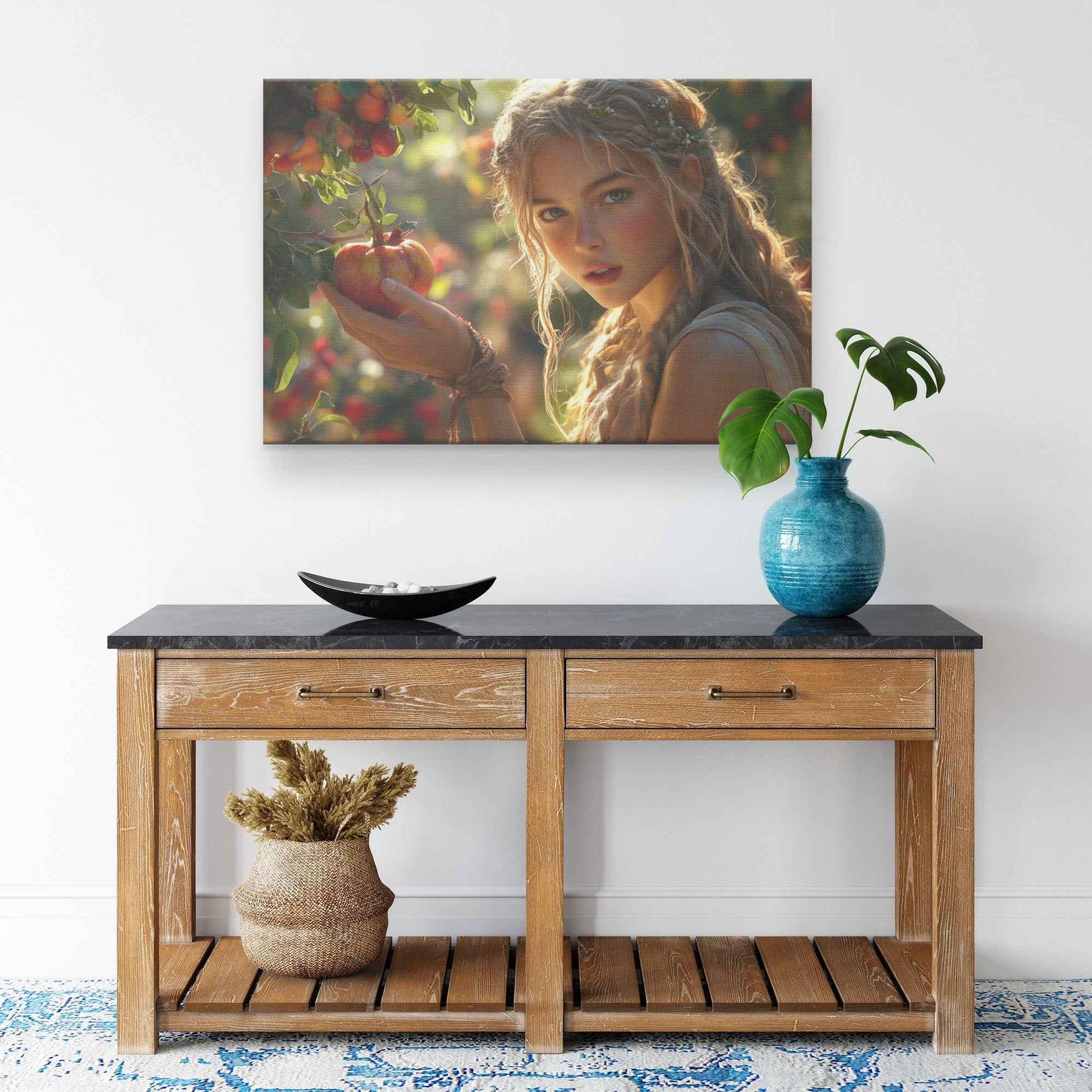 Eve's Enchantment Radiant Young Woman in Greek Toga Picking Apples   Timeless Christian Canvas Wall Art Decor