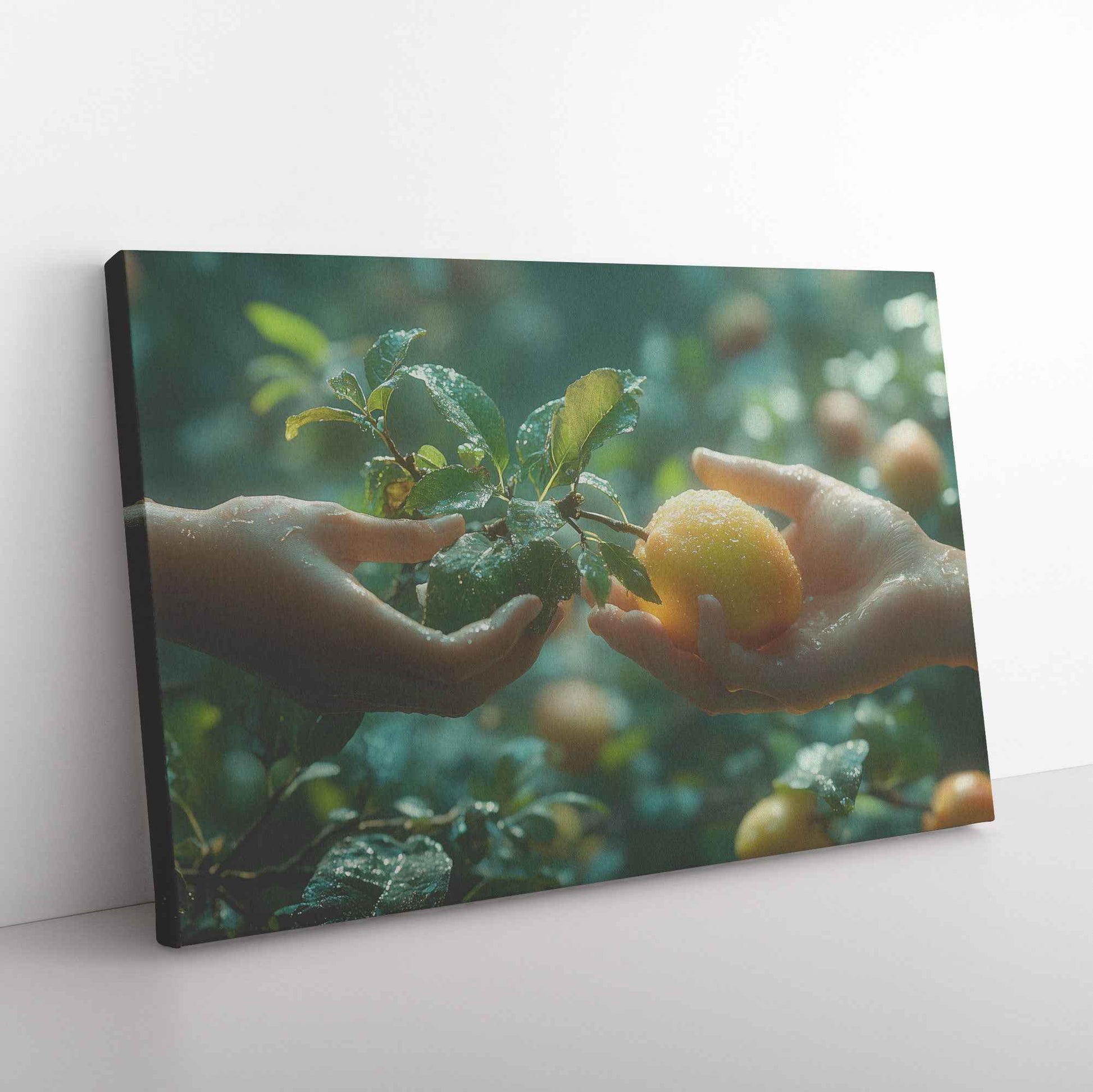 Eve's Offering: Hands Joined in Harmony Beneath the Orchard’s Canopy –  Christian Canvas Wall Art Decor