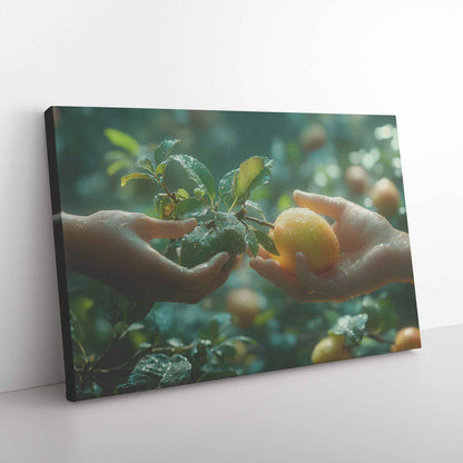 Eve's Offering: Hands Joined in Harmony Beneath the Orchard’s Canopy –  Christian Canvas Wall Art Decor