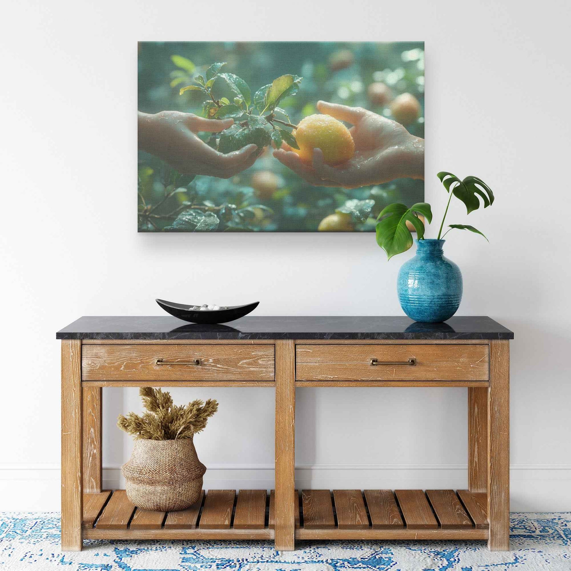 Eve's Offering: Hands Joined in Harmony Beneath the Orchard’s Canopy –  Christian Canvas Wall Art Decor