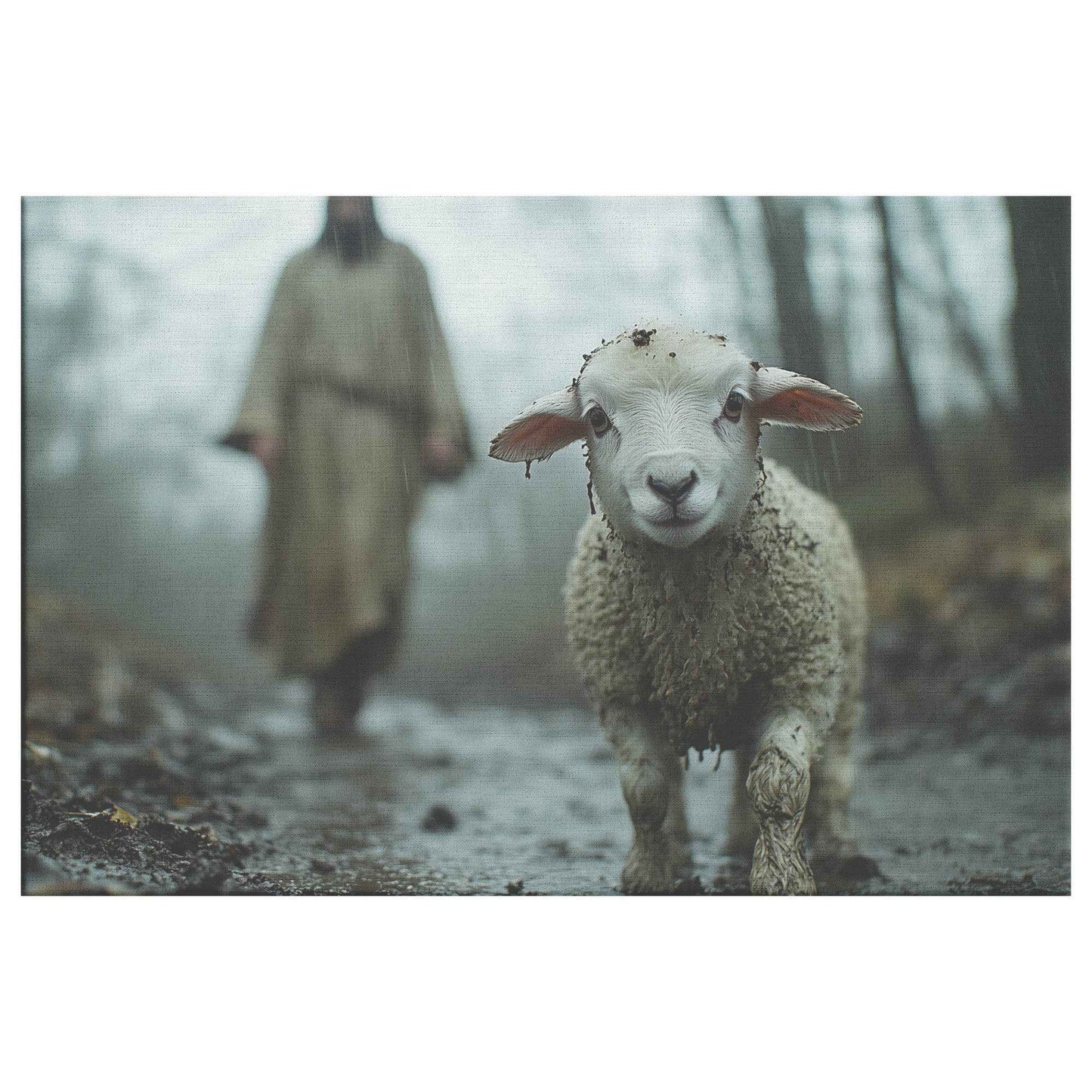Faithful Guidance Jesus Behind the Muddy Lamb in the Rain   Christian Canvas Wall Art Decor