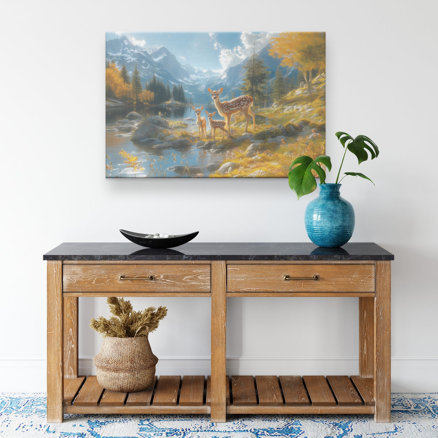 Family of Deer River with Towering Mountains and Snow-Capped Peaks  Nature Wildlife Art for Home Living Room Cabin or Office  Canvas Wall Art Decor - Awakening Righteousness