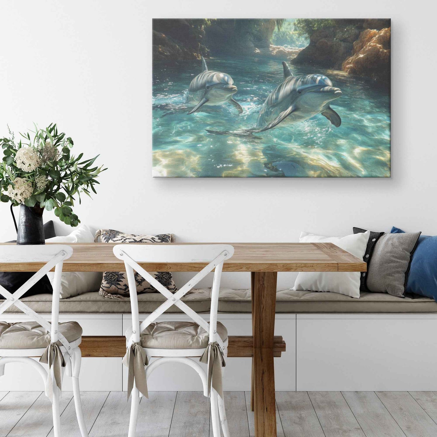 Graceful Dolphins Swimming in Crystal-Clear Waters   Christian Canvas Wall Art Decor