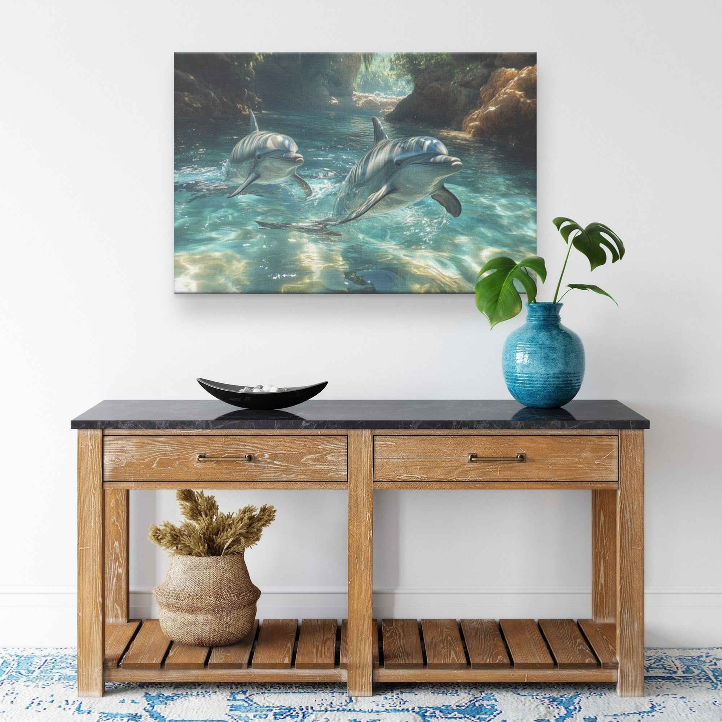 Graceful Dolphins Swimming in Crystal-Clear Waters   Christian Canvas Wall Art Decor