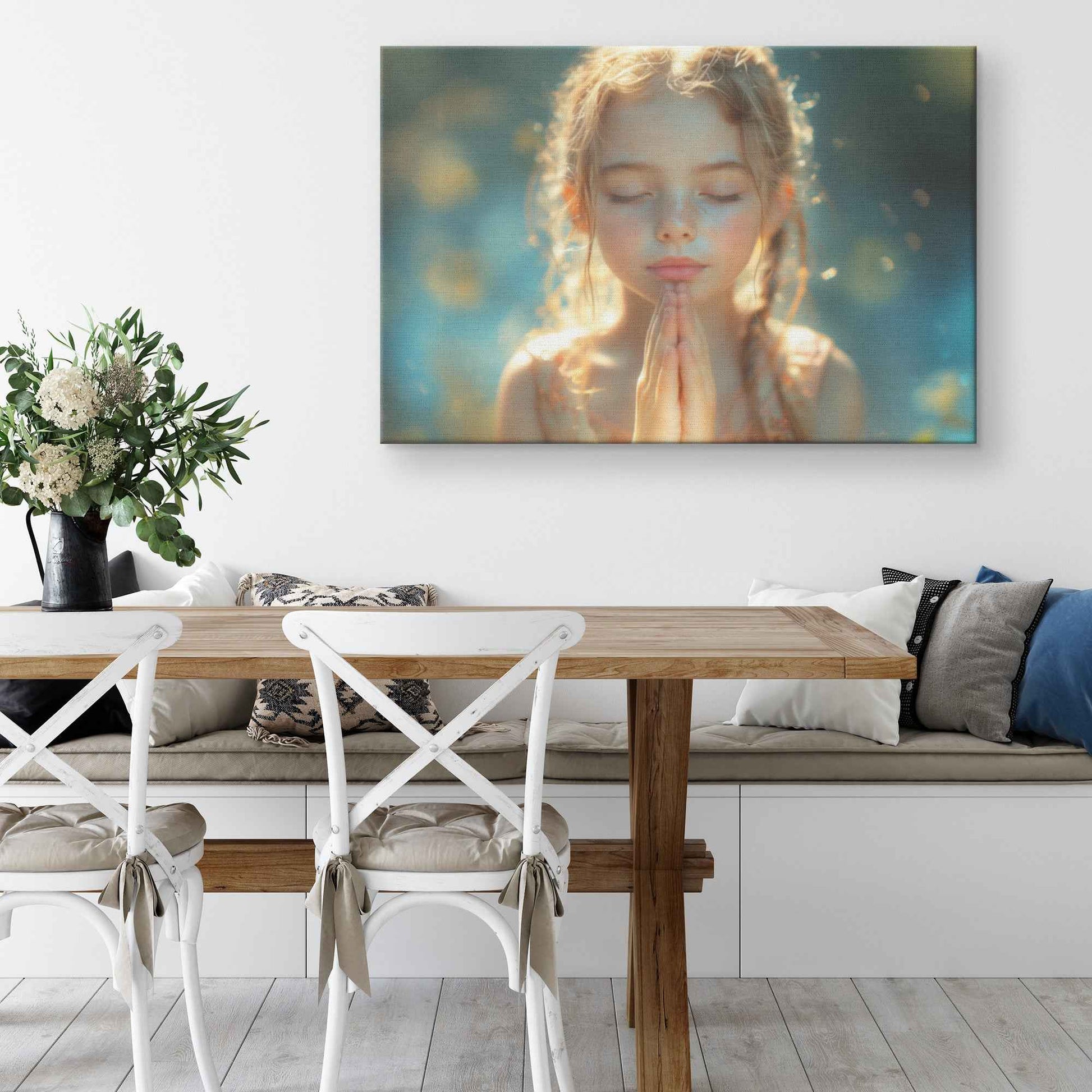 Graceful Prayer Young Girl in Sunlit Serenity with Pastel Hues   High-Resolution Christian Canvas Wall Art Decor