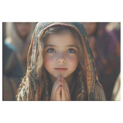 Graceful Prayer Young Girl in Traditional Attire Deep in Reflection   Inspiring Christian Canvas Wall Art Decor