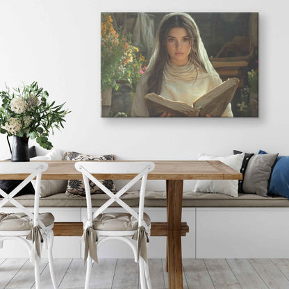 Graceful Reflection Young Woman Reading the Bible in a Blooming Garden   Inspiring Christian Wall Art Decor