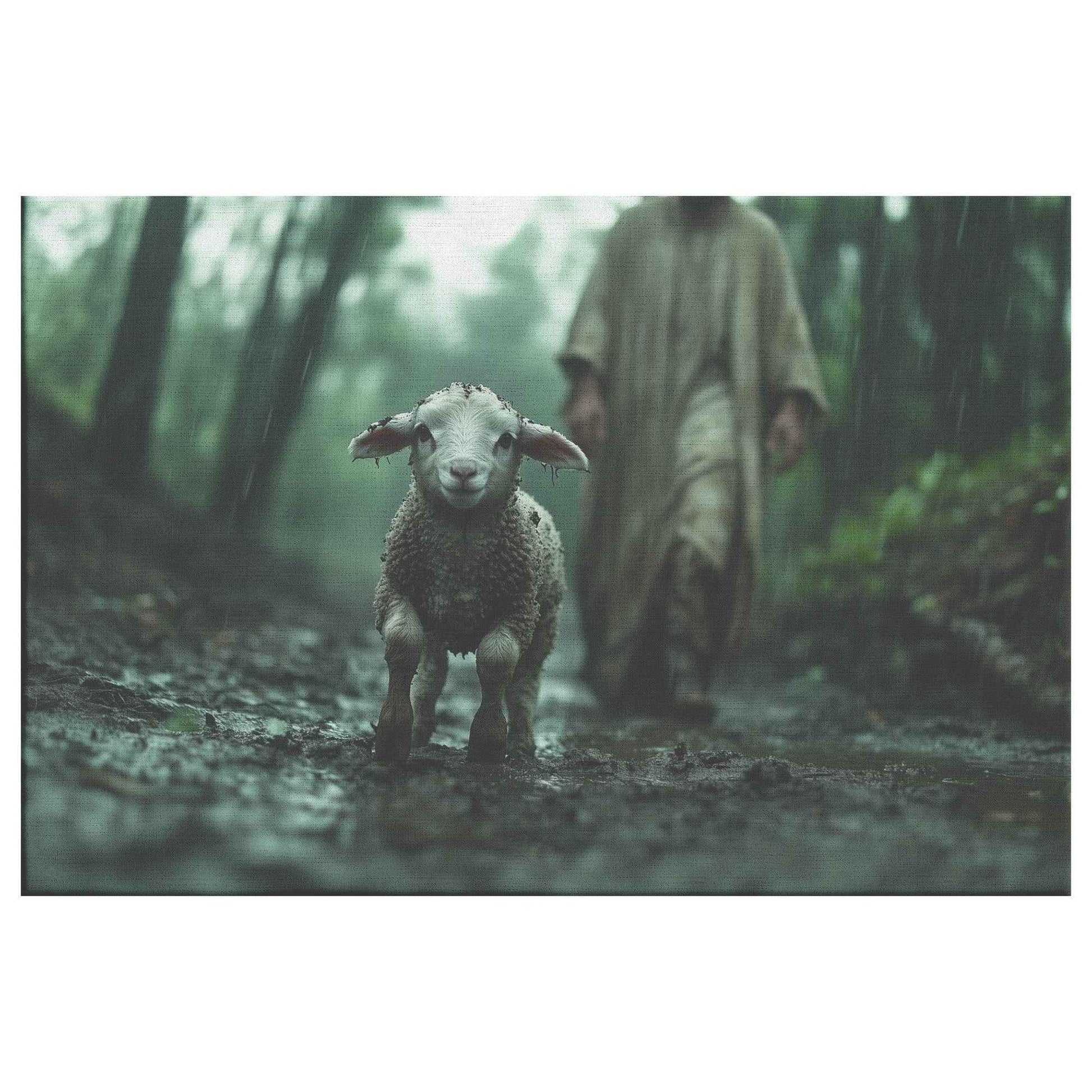 Graceful Rescue Jesus Protecting the Muddy Lamb on the Rainy Forest Path   Christian Canvas Wall Art Decor