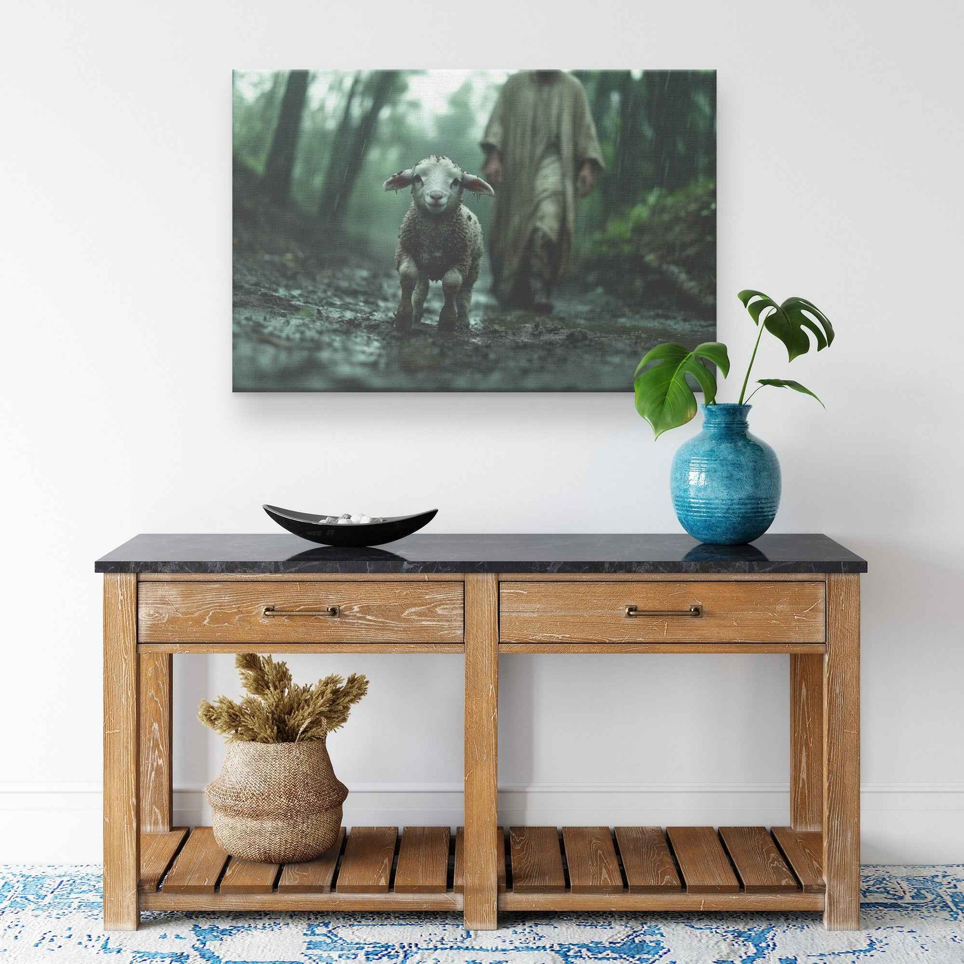 Graceful Rescue Jesus Protecting the Muddy Lamb on the Rainy Forest Path   Christian Canvas Wall Art Decor
