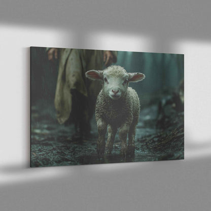 Guiding Light in the Storm Jesus Protecting the Lost Lamb   Christian Canvas Wall Art Decor