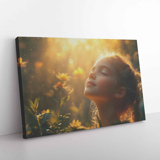 Heavenly Glow Young Girl in Prayer Surrounded Blossoms   Inspiring Christian Canvas Wall Art Decor
