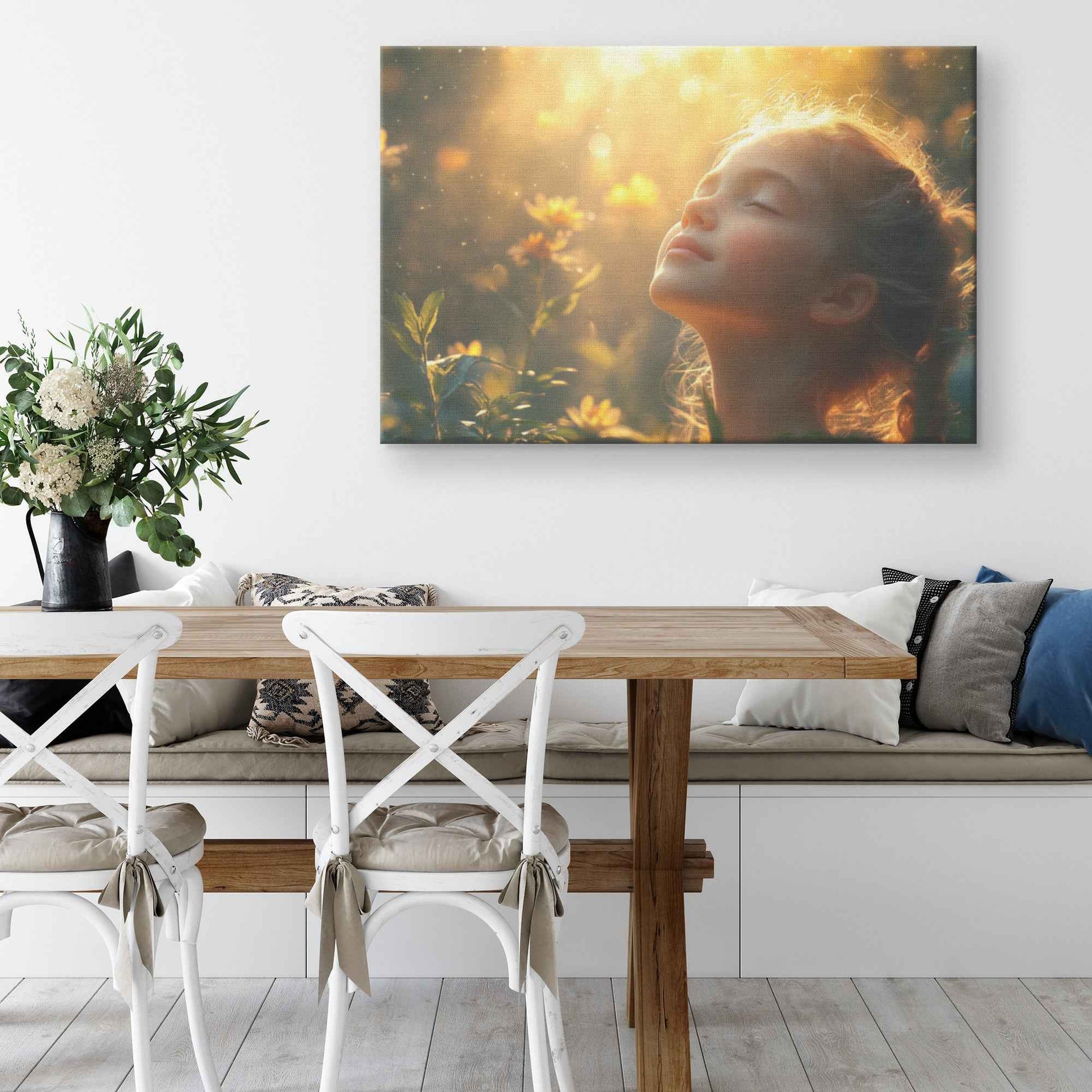Heavenly Glow Young Girl in Prayer Surrounded Blossoms   Inspiring Christian Canvas Wall Art Decor