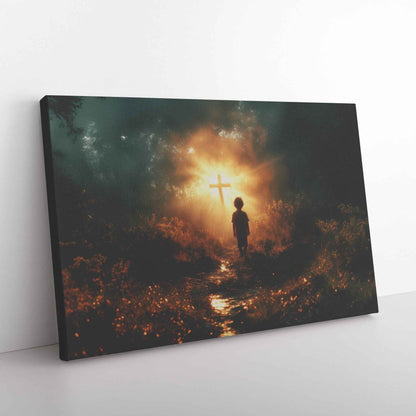 Illuminated Path A Young Boy's Faithful Journey to the Glowing Cross   Christian Canvas Wall Art Decor