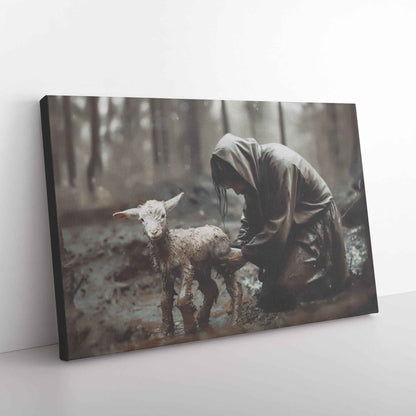 Jesus Christ Kneeling and Saving A Lamb In Mud Canvas Art