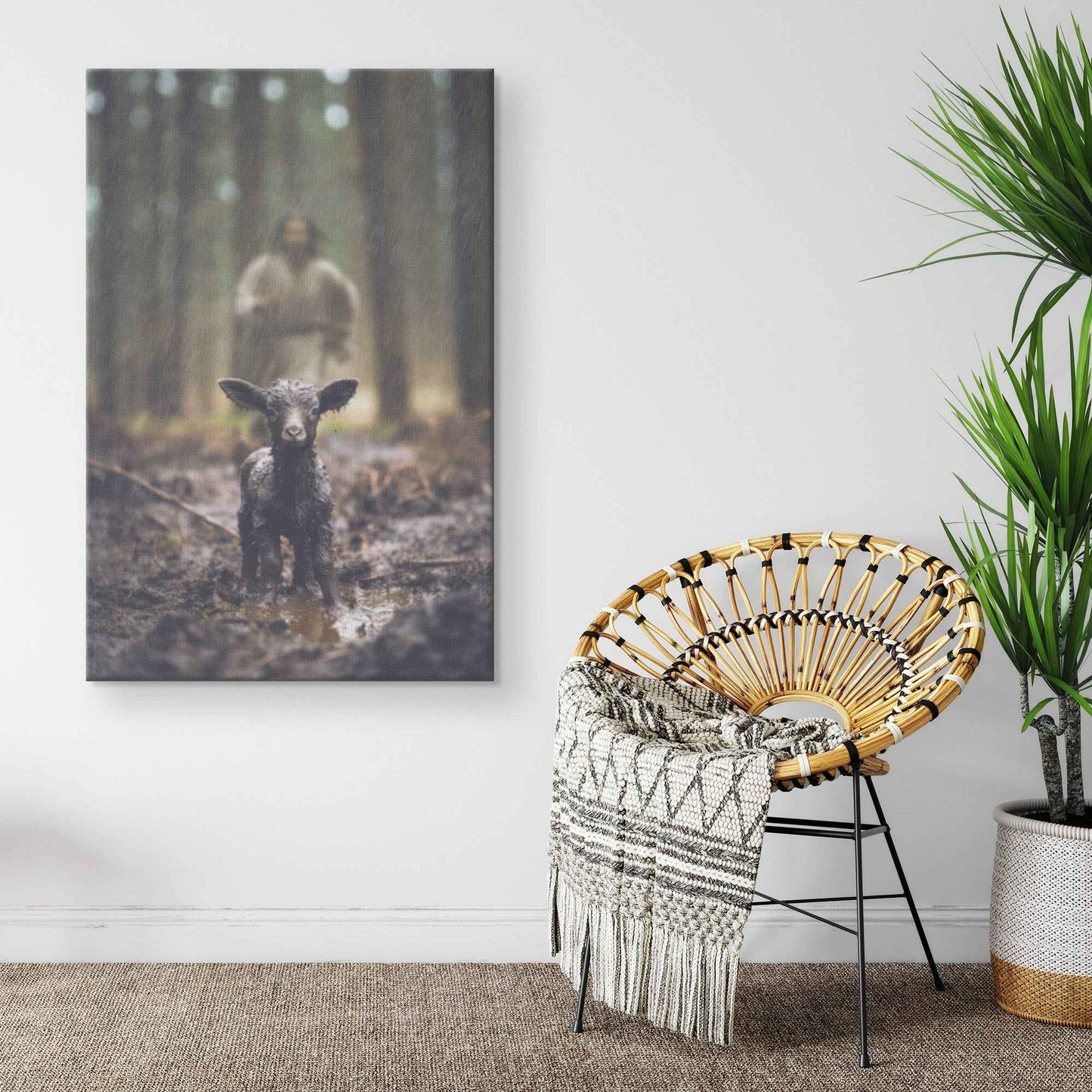 Jesus Christ Running Towards Lost Lamb In The Rain Forest Christian Canvas Art Decor
