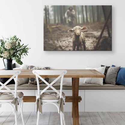 Jesus Running Towards A Lamb To Save Him In A Forest Canvas Art