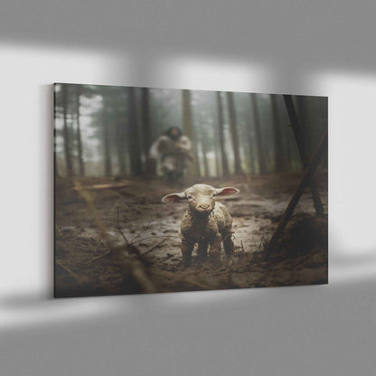 Jesus Runs Towards A Lost Lamb In The Forest Canvas Wall Art