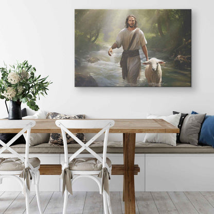 Jesus Walking In A Beautiful Forest With A Lamb Canvas Wall Art