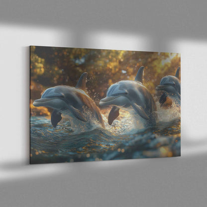Joyful Dolphins at Golden Hour   Christian Canvas Wall Art Decor