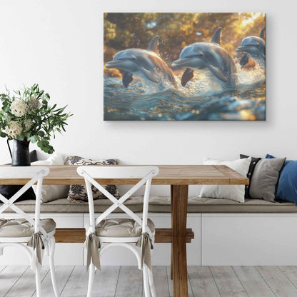 Joyful Dolphins at Golden Hour   Christian Canvas Wall Art Decor