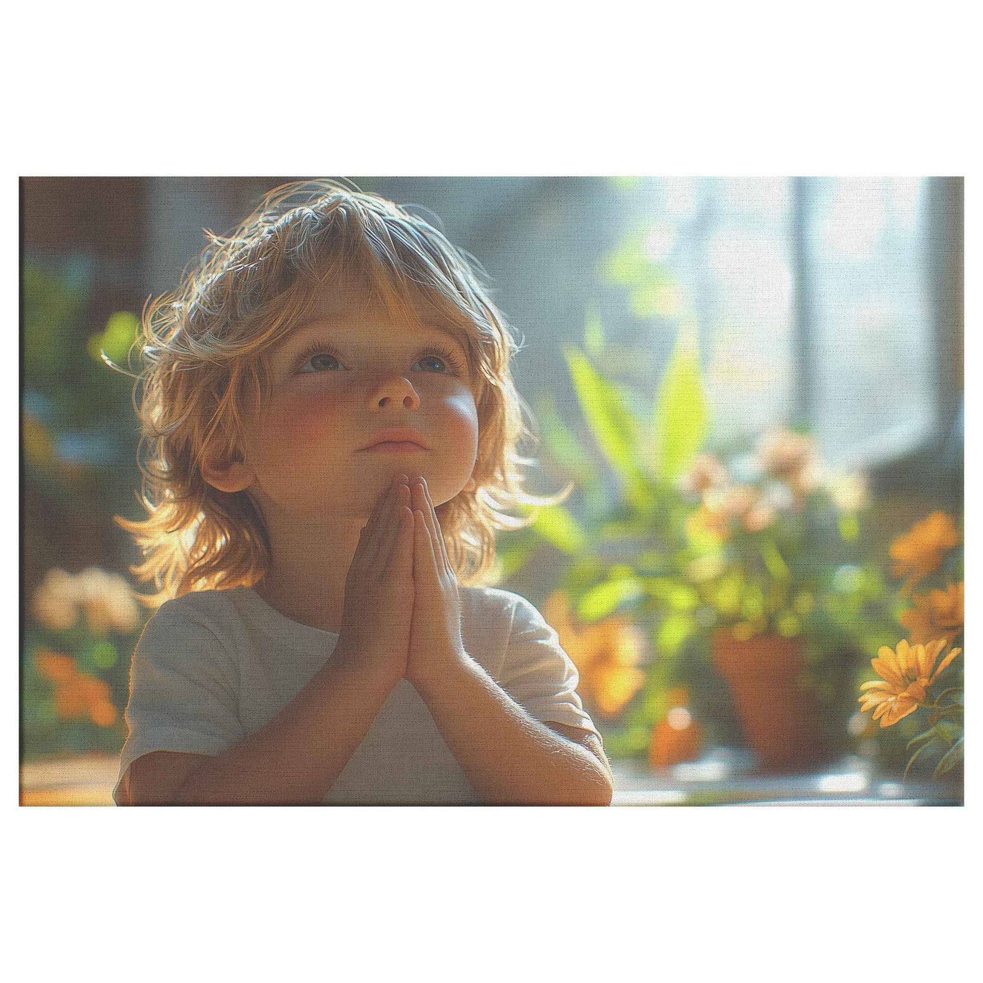 Little Boys Faithful Prayer in Soft Sunlight with Gentle Shadows and Calm Expression Christian Canvas Wall Art Decor