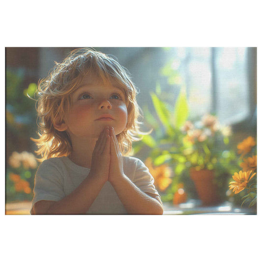 Little Boys Faithful Prayer in Soft Sunlight with Gentle Shadows and Calm Expression Christian Canvas Wall Art Decor