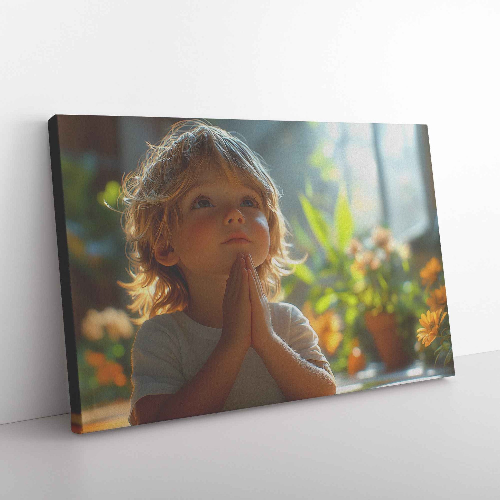 Little Boys Faithful Prayer in Soft Sunlight with Gentle Shadows and Calm Expression Christian Canvas Wall Art Decor