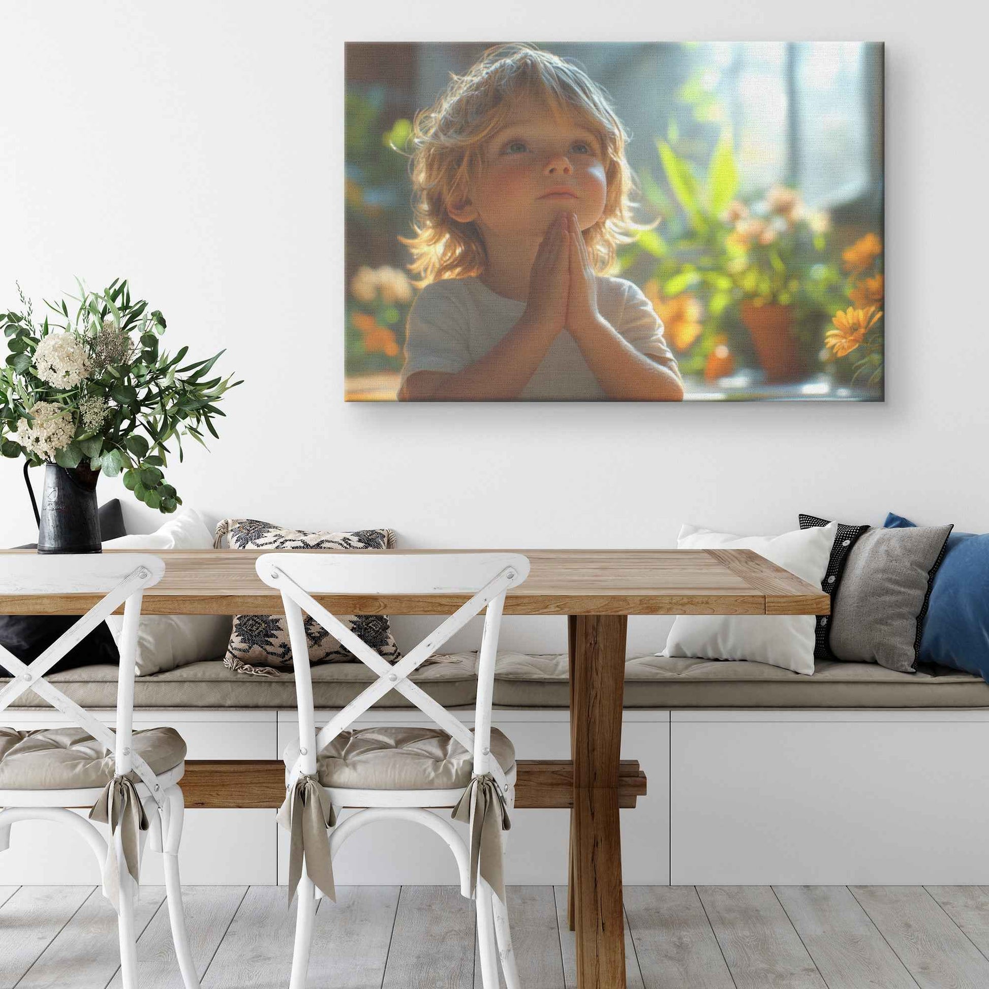 Little Boys Faithful Prayer in Soft Sunlight with Gentle Shadows and Calm Expression Christian Canvas Wall Art Decor