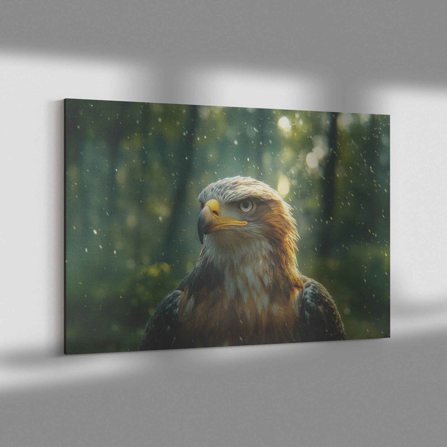 Majestic Eagle in Enchanting Forest Piercing Eyes and Serene Atmosphere with Dappled Sunlight   Christian Canvas Wall Art Decor
