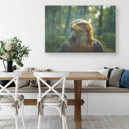 Majestic Eagle in Enchanting Forest Piercing Eyes and Serene Atmosphere with Dappled Sunlight   Christian Canvas Wall Art Decor