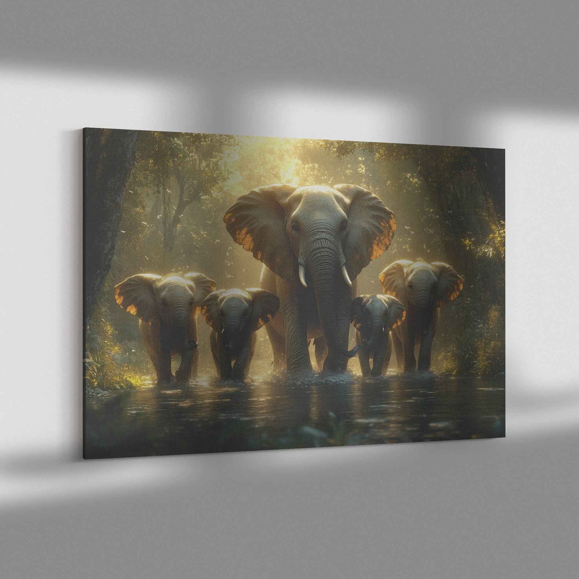 Majestic Elephant Family Crossing River in Sunlit African Forest   Christian Canvas Wall Art Decor