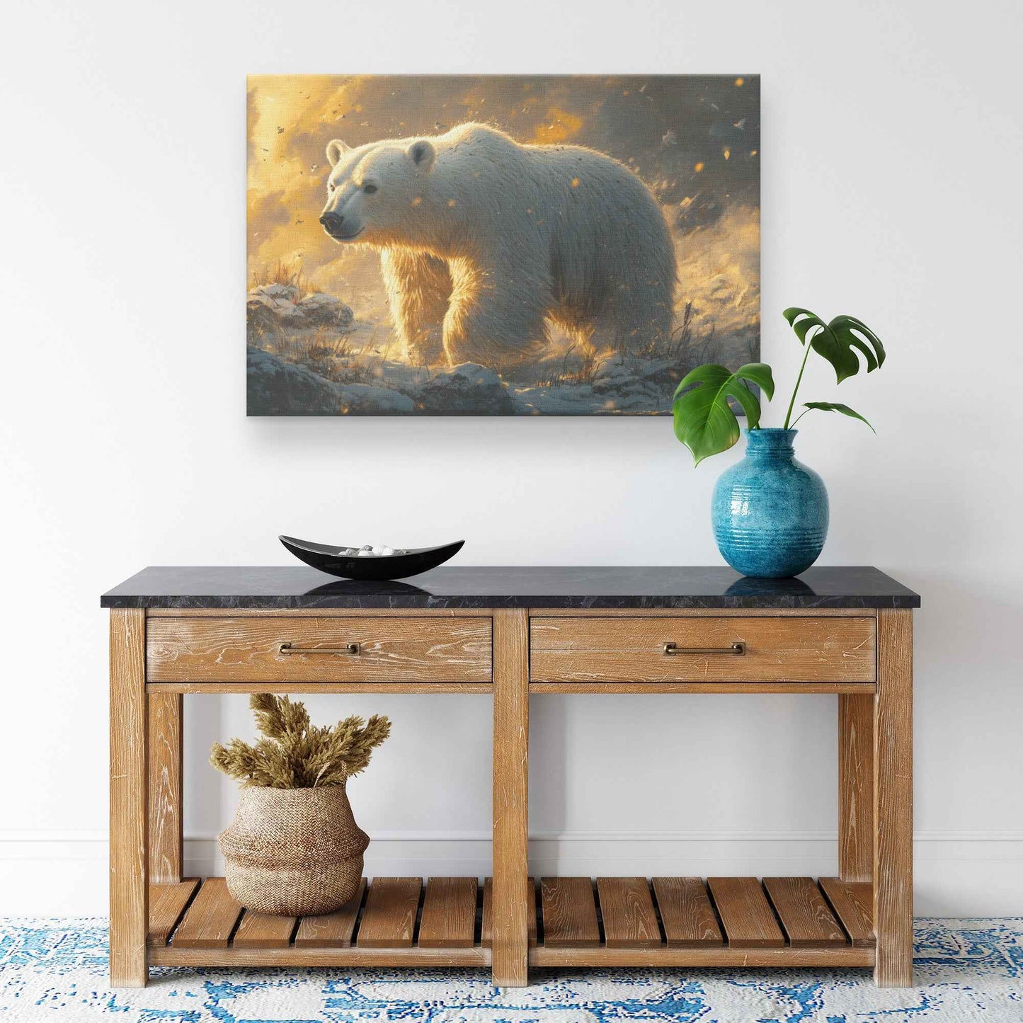 Majestic Polar Bear in Golden Snowfall   Christian Canvas Wall Art Decor