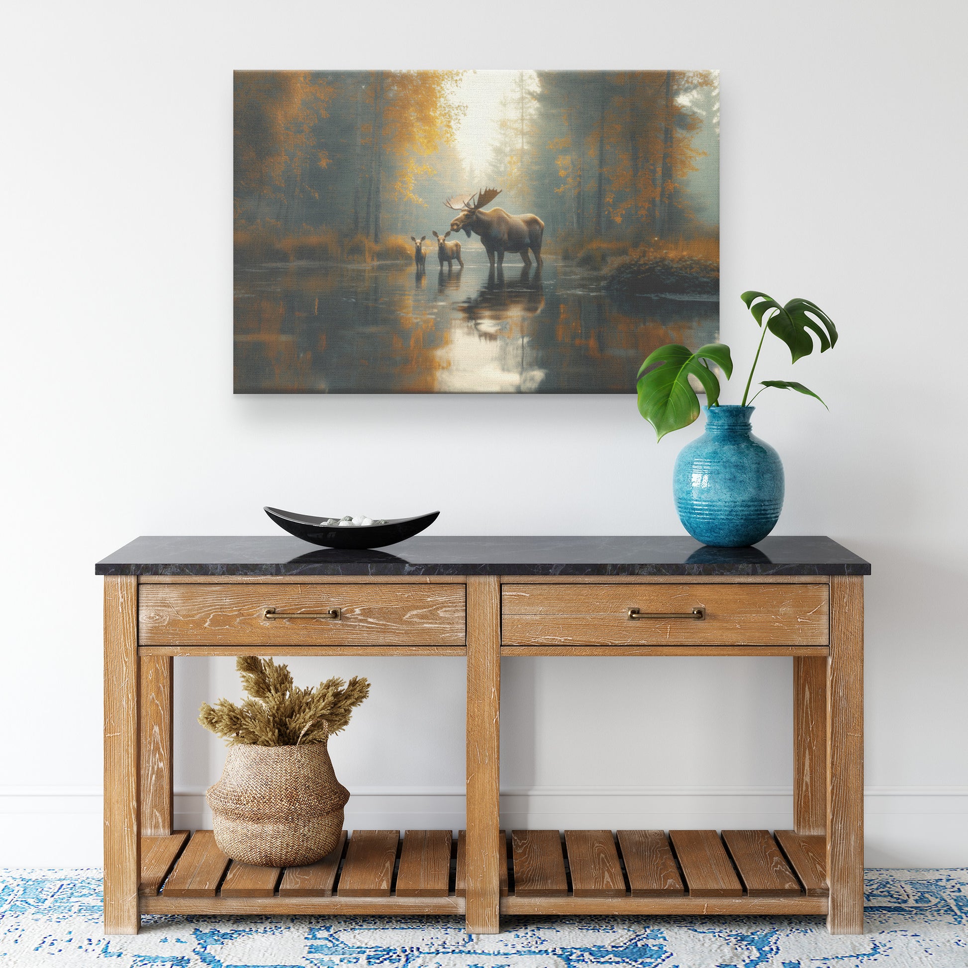 Moose Family in Golden Autumn Morning Mist Peacefully Wading in Water   Christian Canvas Wall Art Decor - Awakening Righteousness