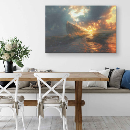 Noah’s Ark Amidst a Fiery Dawn and Stormy Seas   Christian Canvas Wall Art Decor