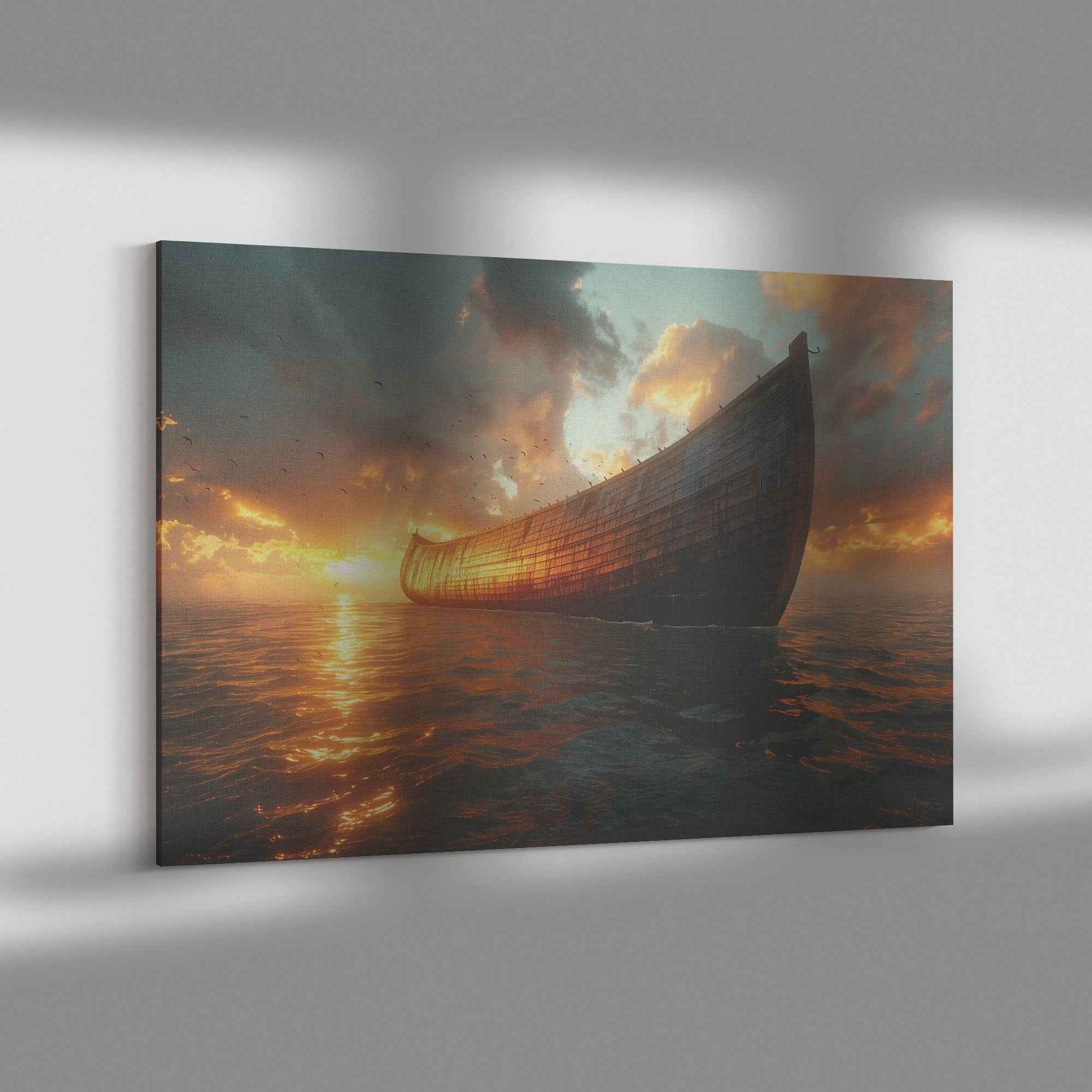 Noah's Ark Majestically Adrift at Dawn A Serene Embrace of Hope and Tranquility on the Ocean   Inspiring Christian Canvas Wall Art Decor