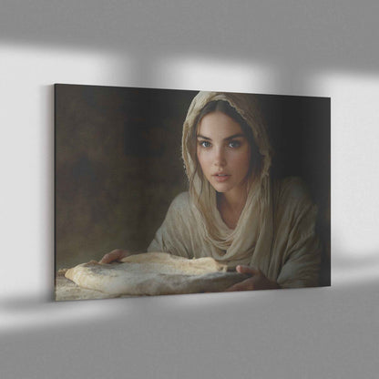 Nourishing Faith Woman Holding Bread in Ancient Kitchen   Enriching Christian Canvas Wall Art Decor