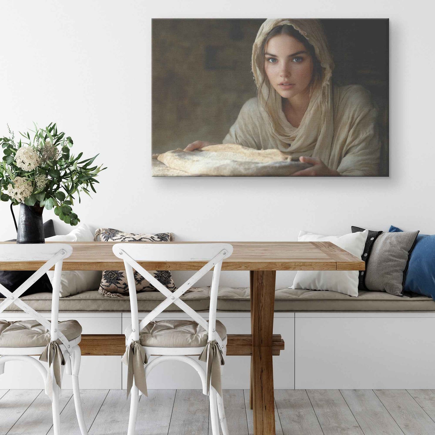 Nourishing Faith Woman Holding Bread in Ancient Kitchen   Enriching Christian Canvas Wall Art Decor