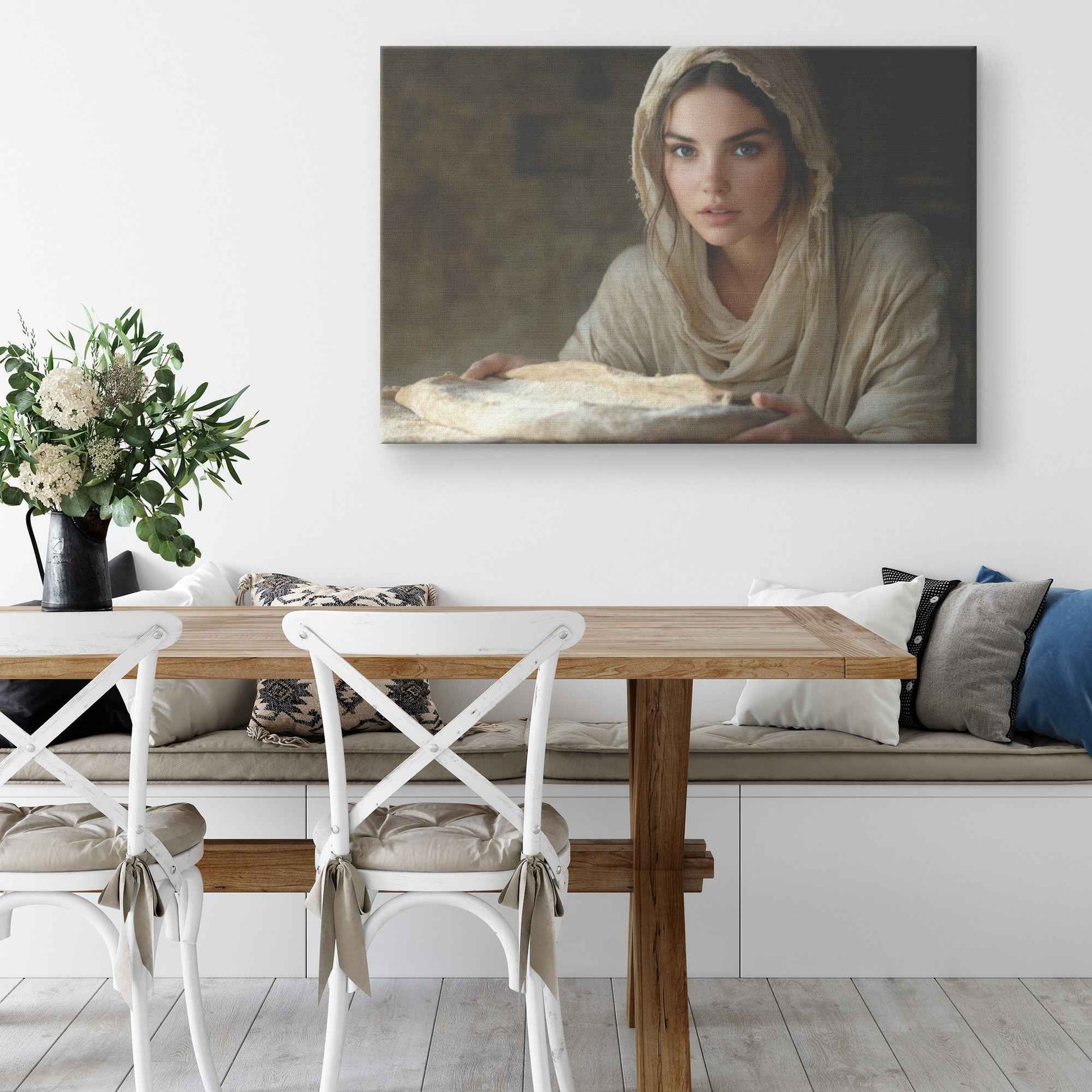 Nourishing Faith Woman Holding Bread in Ancient Kitchen   Enriching Christian Canvas Wall Art Decor