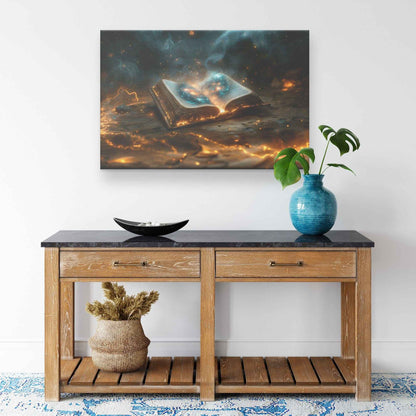 Open Glowing Bible With God Cosmos Creation Inside Book Canvas Art