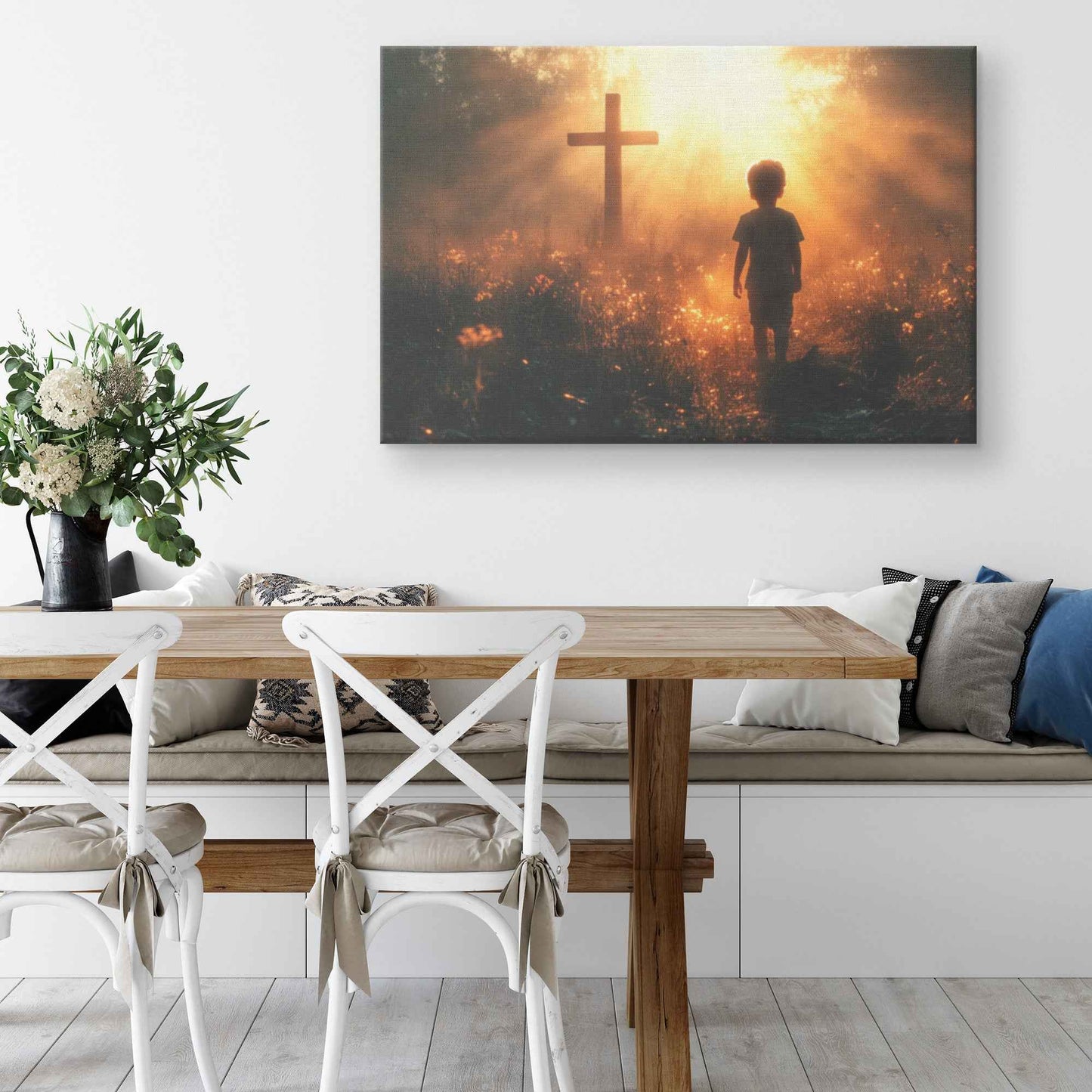 Path of Faith Little Boy Walking Towards the Cross in Enchanted Meadow  Awakening Hope Christian Canvas Wall Art Decor