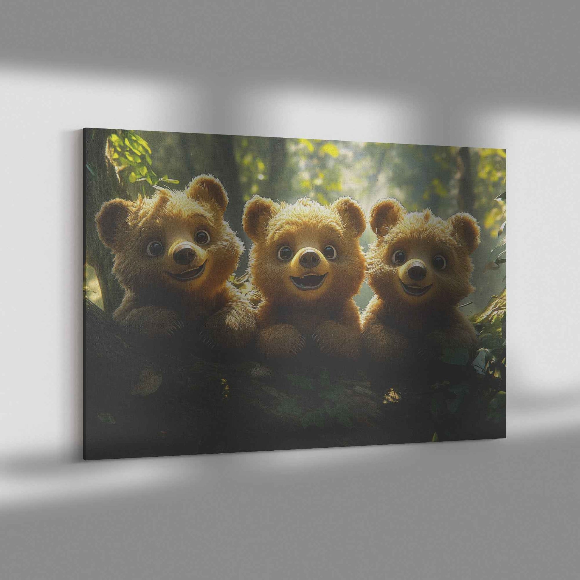 Playful Baby Bear Cubs on a Log in a Magical Forest Christian Canvas Wall Art Decor